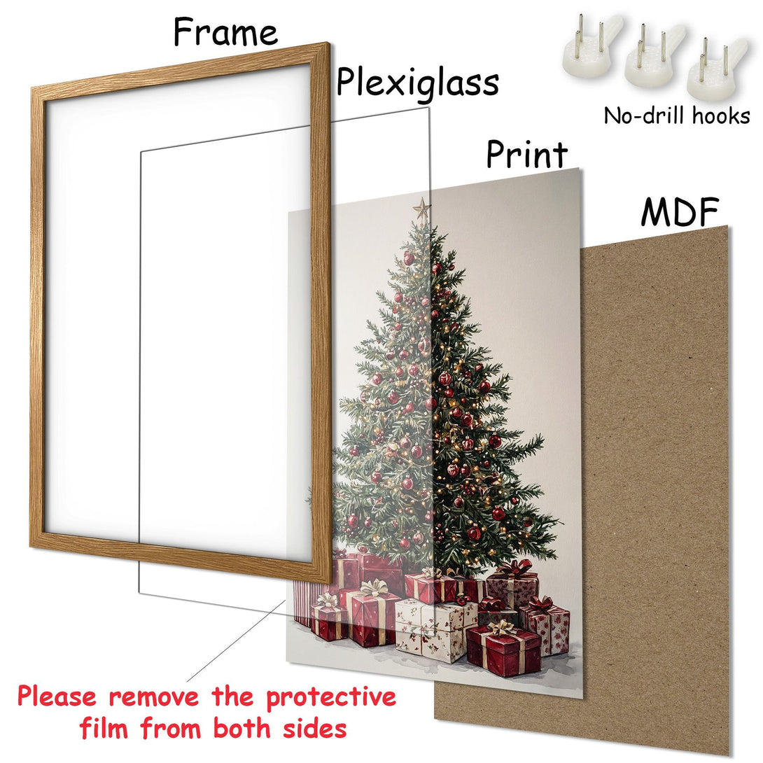 Framed Poster featuring a Christmas tree with gifts, classic style, warm red and green palette. Perfect holiday decor!
