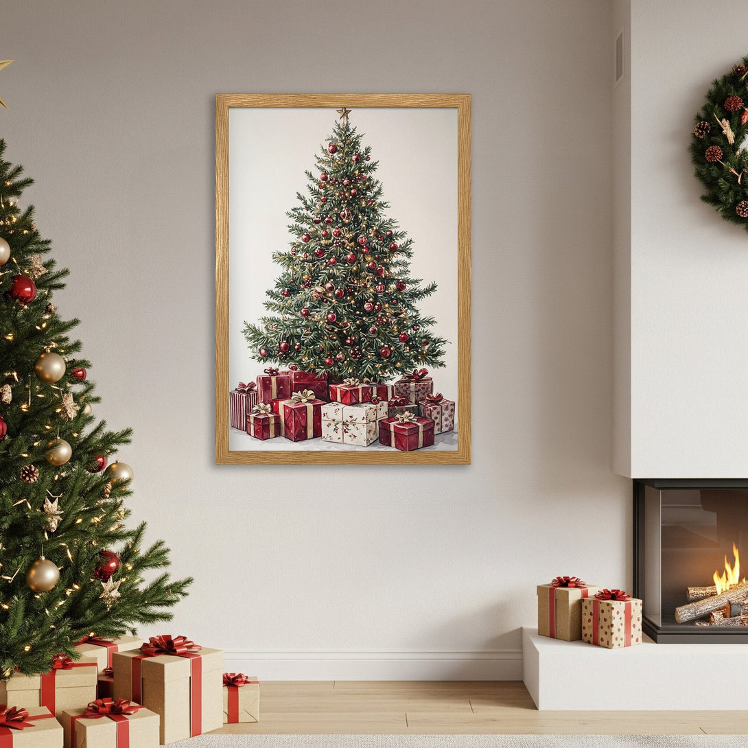 Framed Poster of a Christmas tree, watercolor style, red & green palette, perfect holiday decor.