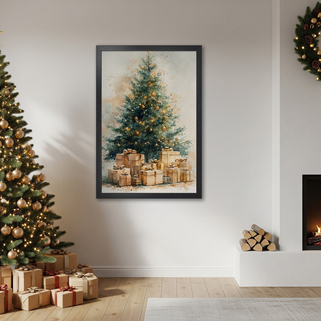 Framed Poster featuring a watercolor Christmas tree with gold ornaments. Soft, warm color palette for cozy holiday decor.