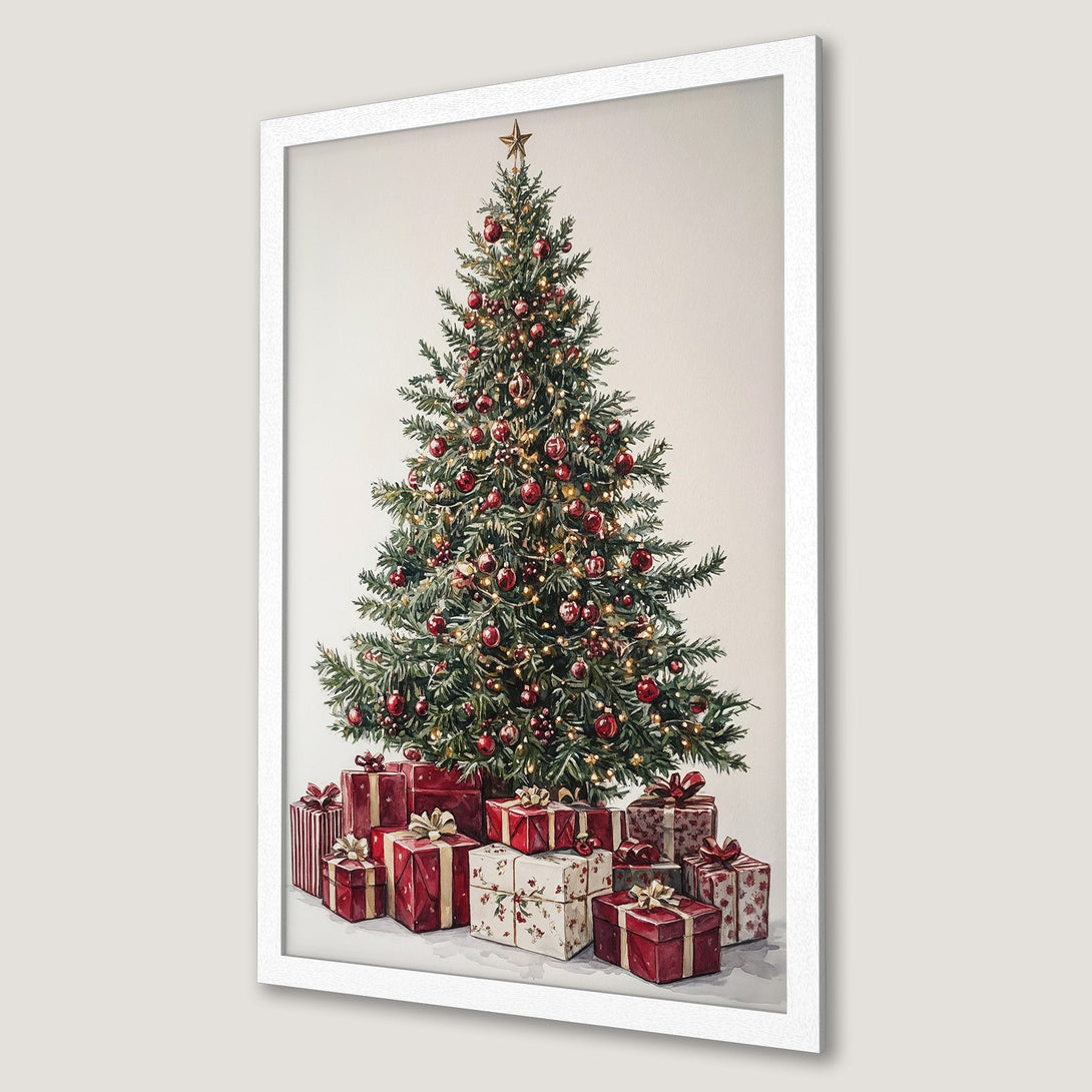 Framed Poster featuring a watercolor Christmas tree with red ornaments and gifts. Festive style, warm red and green color palette.