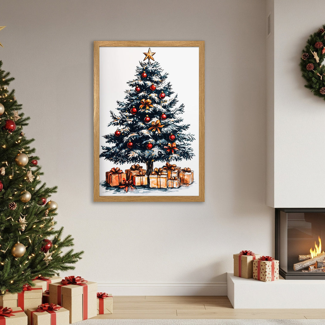 Framed Poster featuring a watercolor Christmas tree. Festive decor with red & gold accents. Perfect holiday wall art.