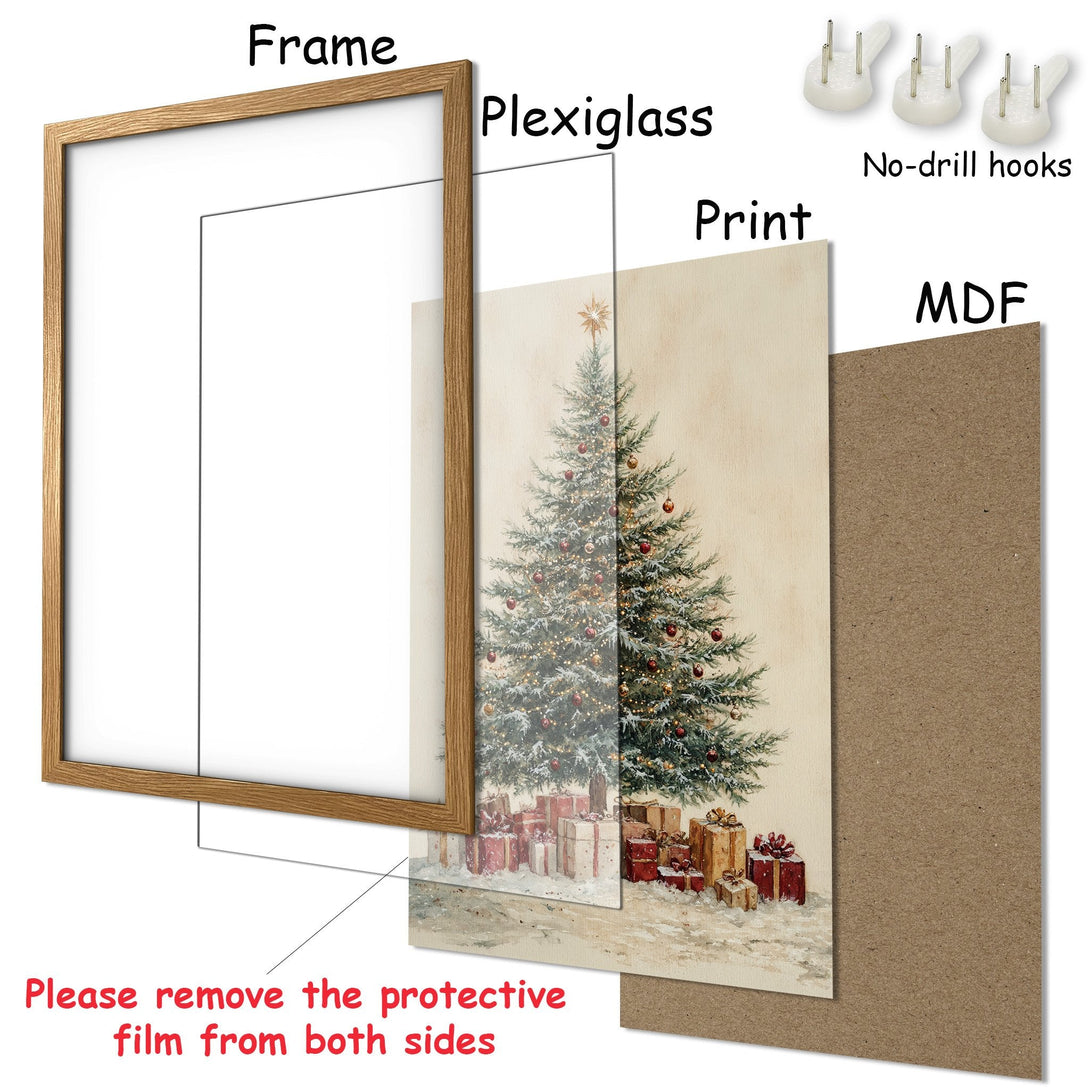 Framed Poster featuring a vintage Christmas tree print. Warm, neutral color palette with a festive, cozy style. Perfect holiday decor!