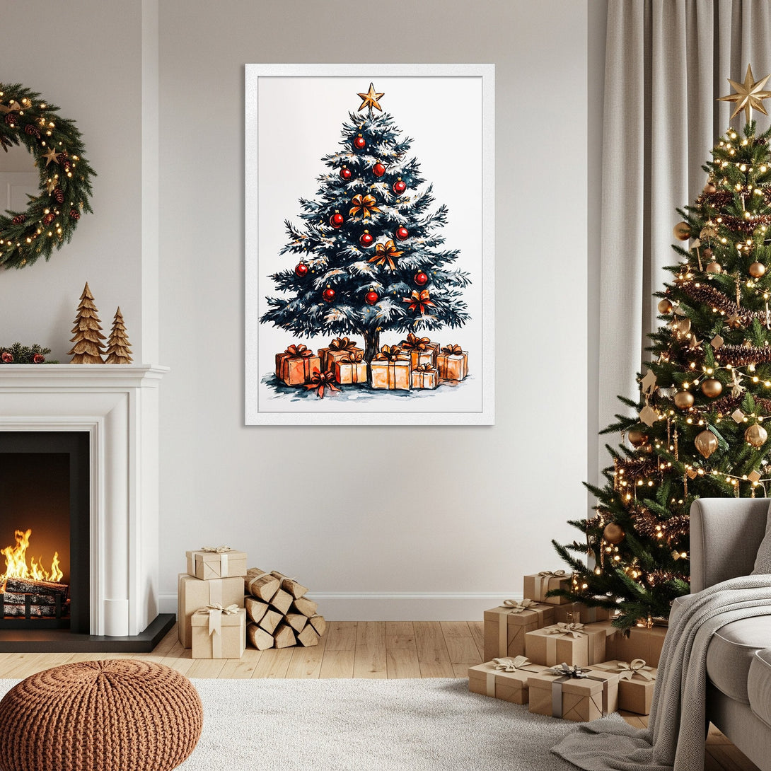 Framed Poster featuring a watercolor Christmas tree with red and gold accents. Cozy holiday decor in a warm, neutral palette.