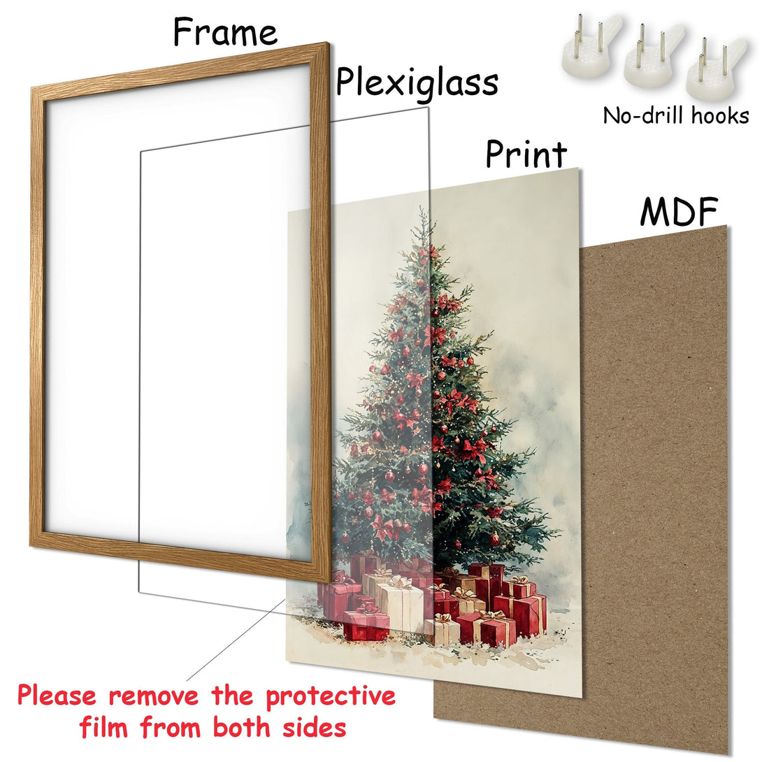 Framed Poster featuring a Christmas tree with red accents. Watercolor style, warm color palette. Perfect holiday decor!