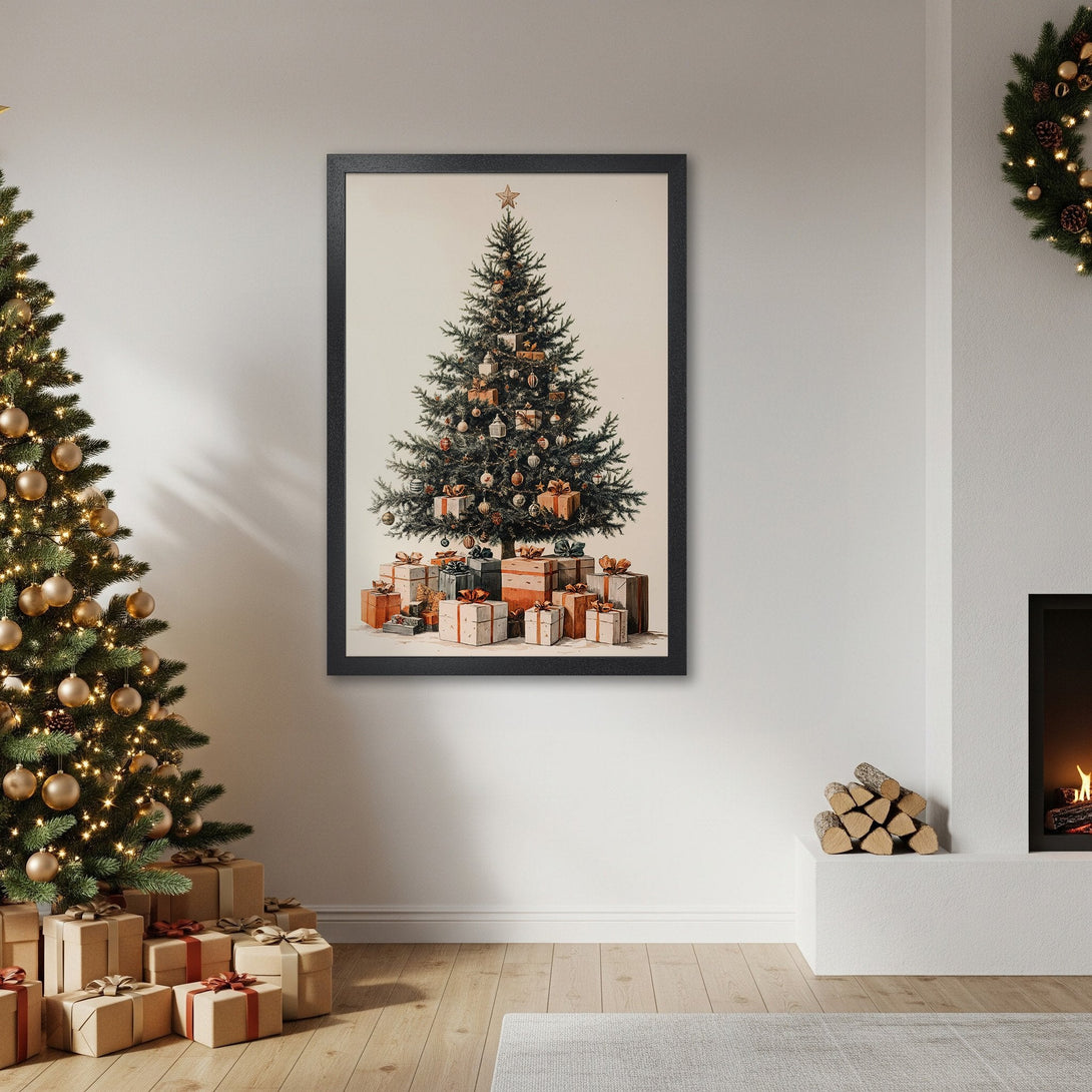Framed Poster featuring a Christmas tree illustration in a neutral color palette, perfect holiday decor.