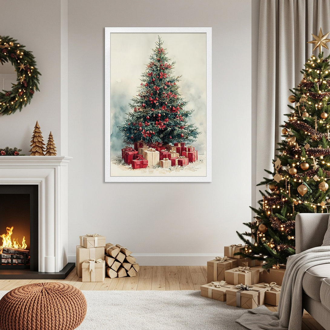 Framed Poster featuring a watercolor Christmas tree with red accents. Warm, inviting color palette perfect for holiday decor.