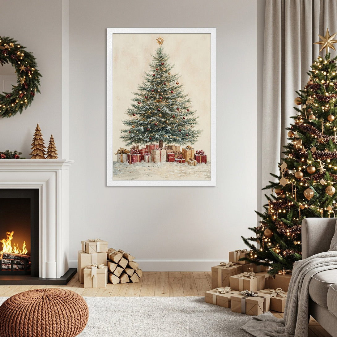 Framed Poster featuring a Christmas tree illustration in a warm, neutral color palette. Perfect holiday decor!