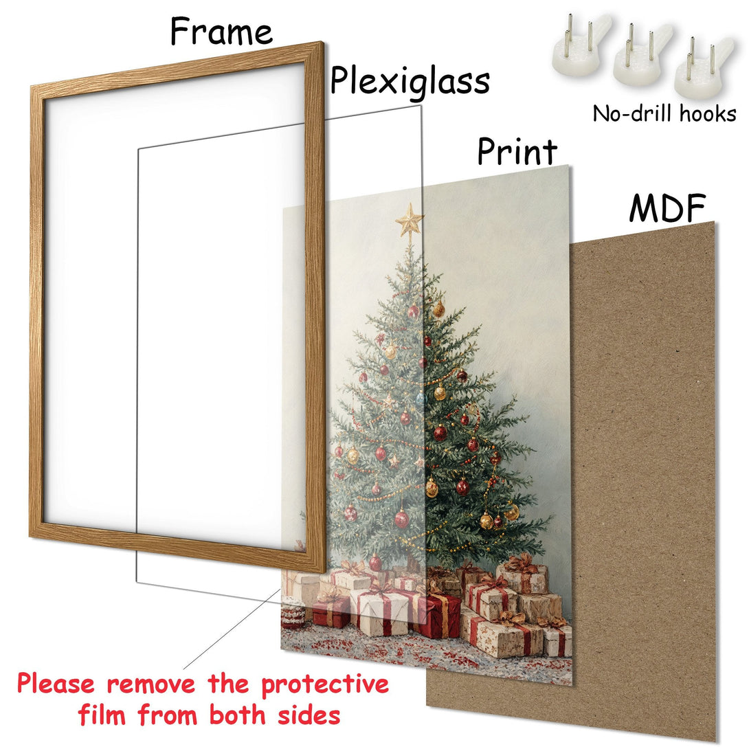 Framed Poster of a Christmas tree in a vintage style with a warm, festive color palette. Ready to hang!