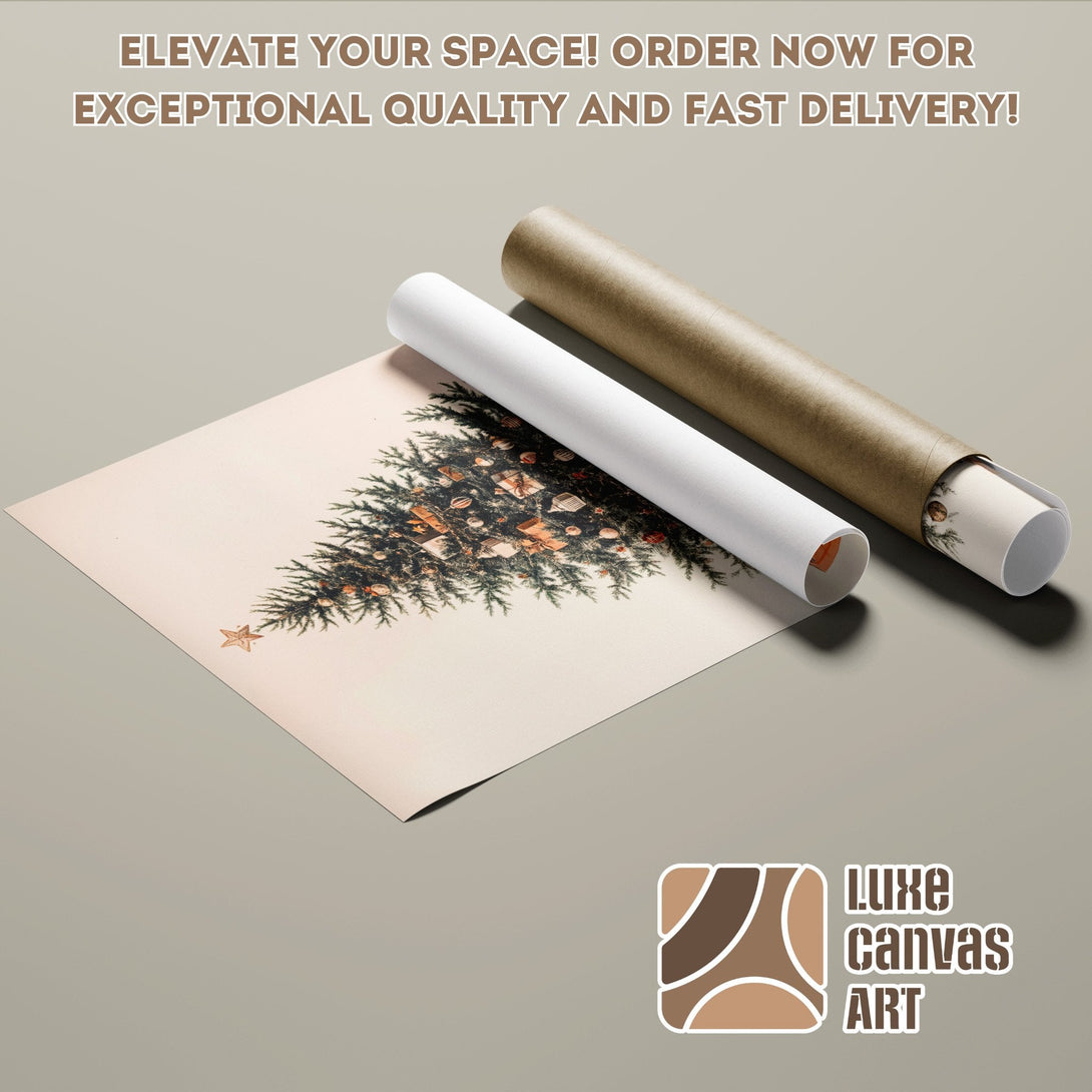 Poster Roll of a Christmas Tree Print, warm neutral tones, perfect for holiday decor.