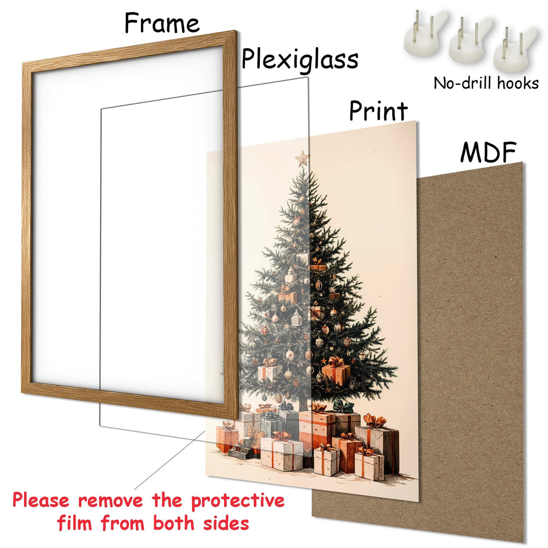 Framed Poster featuring a vintage Christmas tree print with a warm, neutral color palette. Perfect holiday decor!