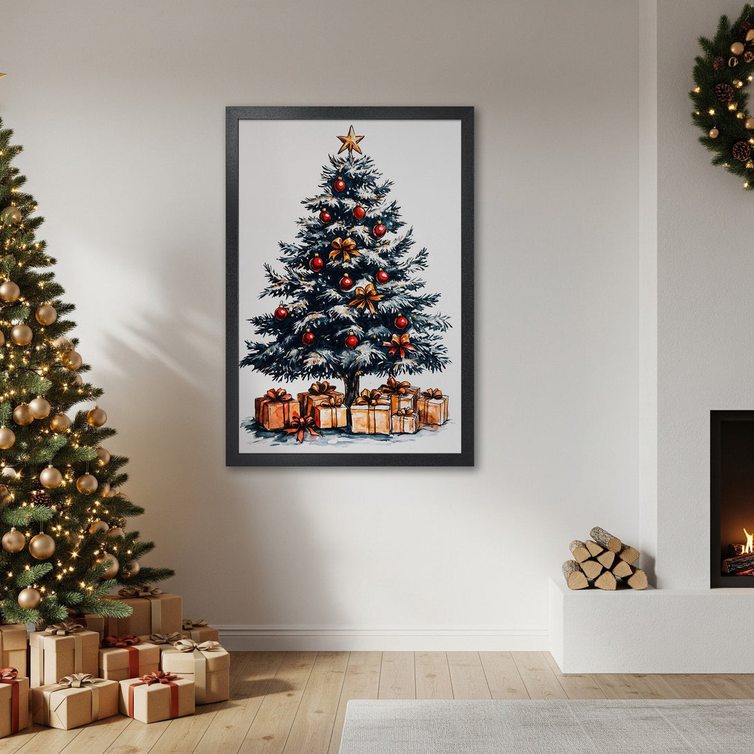 Framed Poster featuring a watercolor Christmas tree with red & gold ornaments. Perfect holiday decor for your home!
