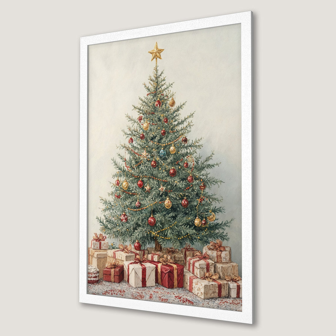 Framed Poster of a festive Christmas tree with gifts. Vintage style, warm red, gold, and green color palette. Perfect holiday decor.
