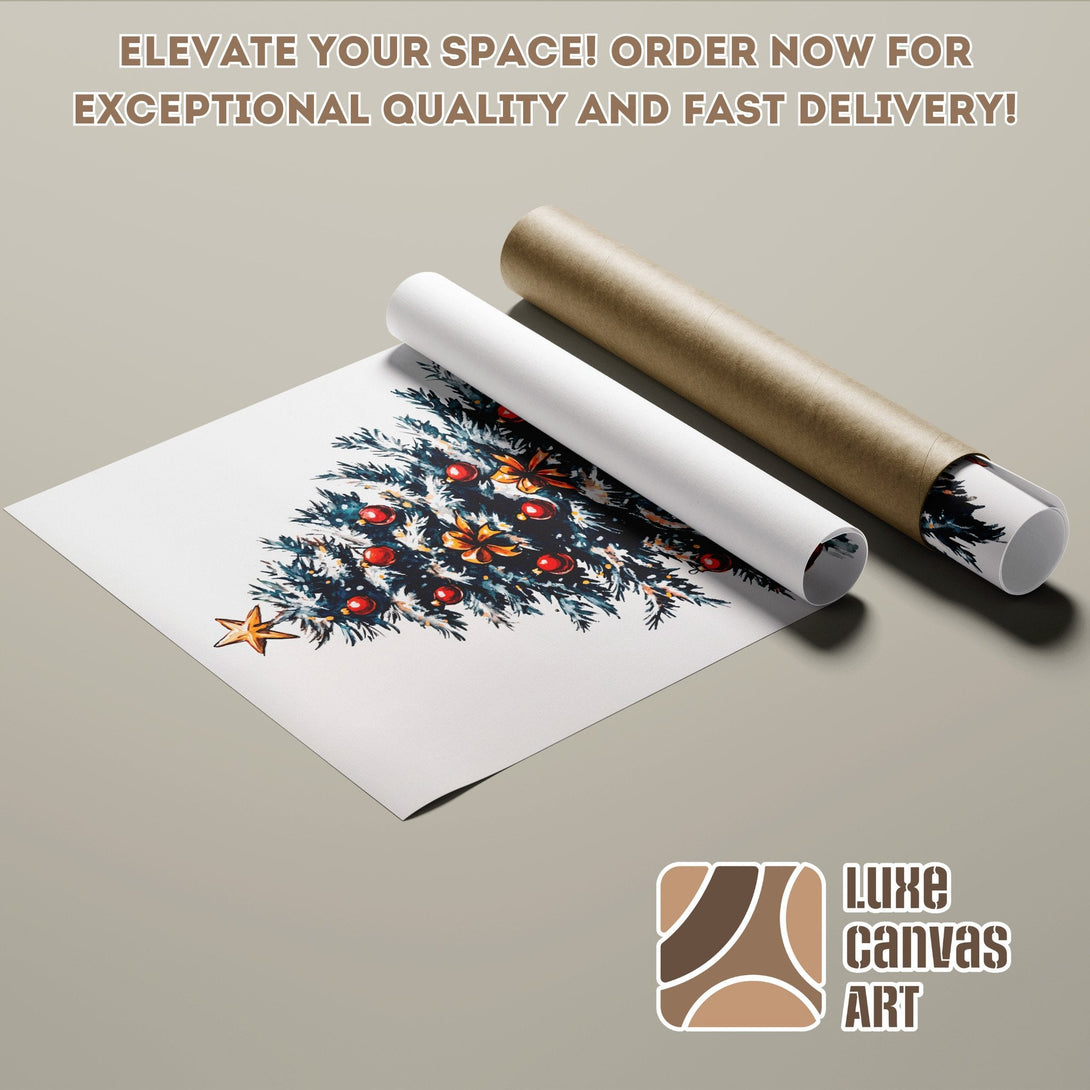 Christmas tree poster roll, watercolor style, blue, red, and gold palette. Order now!