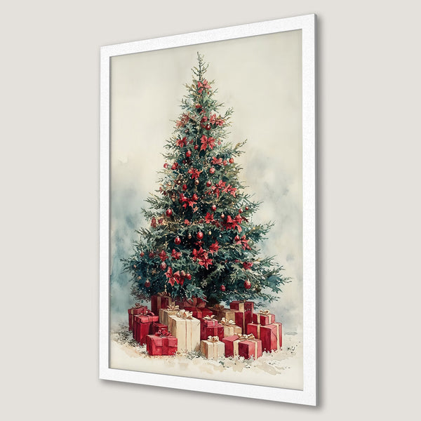 Framed Poster featuring a watercolor Christmas tree with red accents and presents. Festive holiday decor in a soft, muted palette.