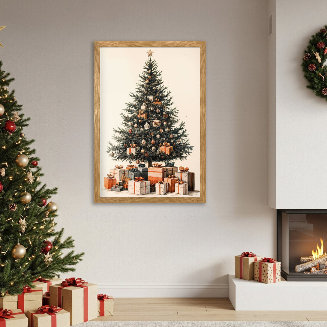 Framed Poster featuring a vintage Christmas tree illustration, warm color palette, perfect holiday decor.