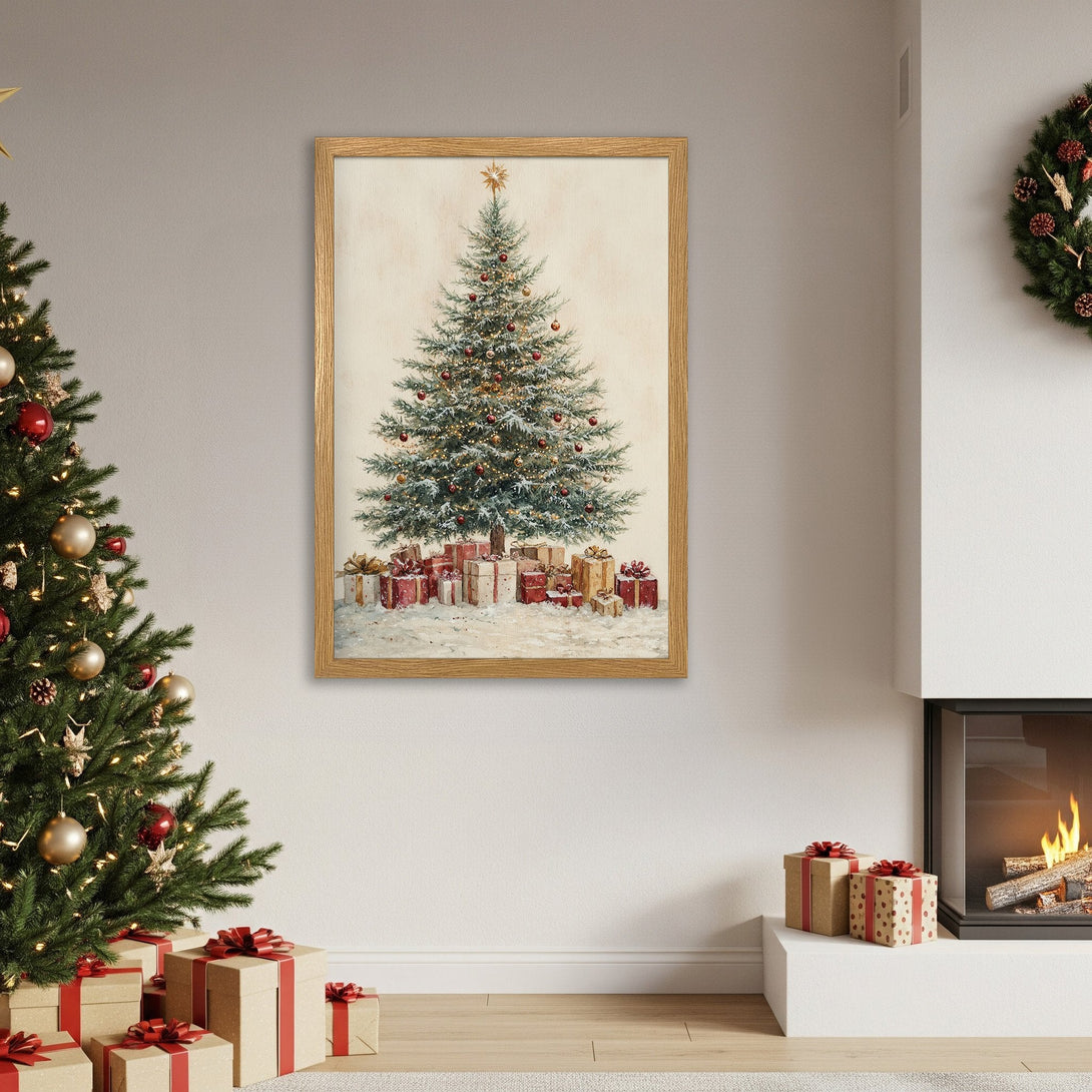 Framed Poster of a Christmas tree with gifts, warm tones and a cozy style, perfect holiday decor.