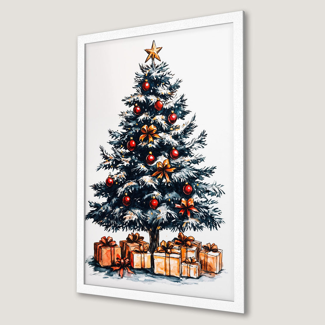 Framed Poster featuring a watercolor Christmas tree with red and gold accents. Festive holiday decor in a white frame.