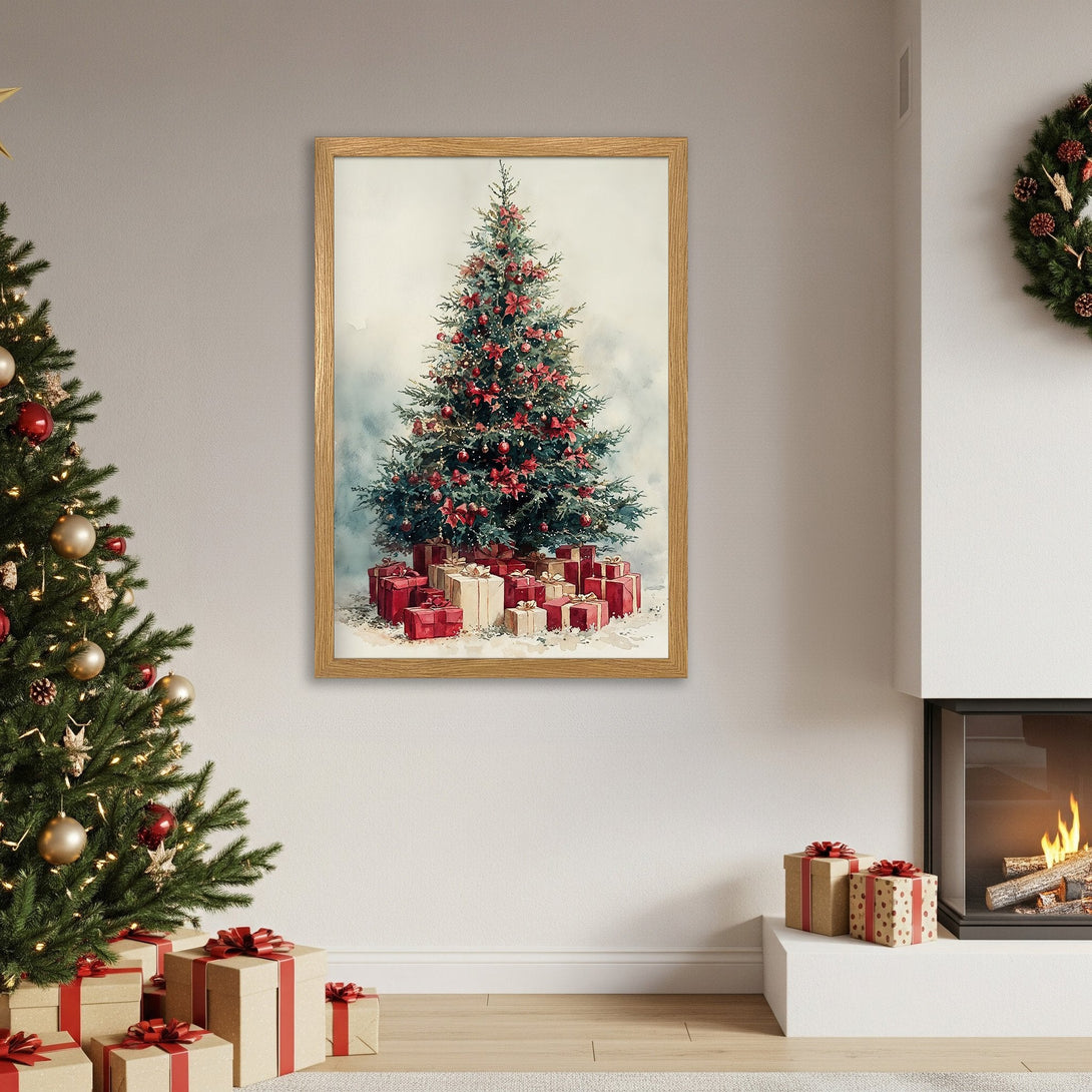 Framed Poster of a Christmas tree with red bows & presents, watercolor style, warm red & green palette, perfect holiday decor.