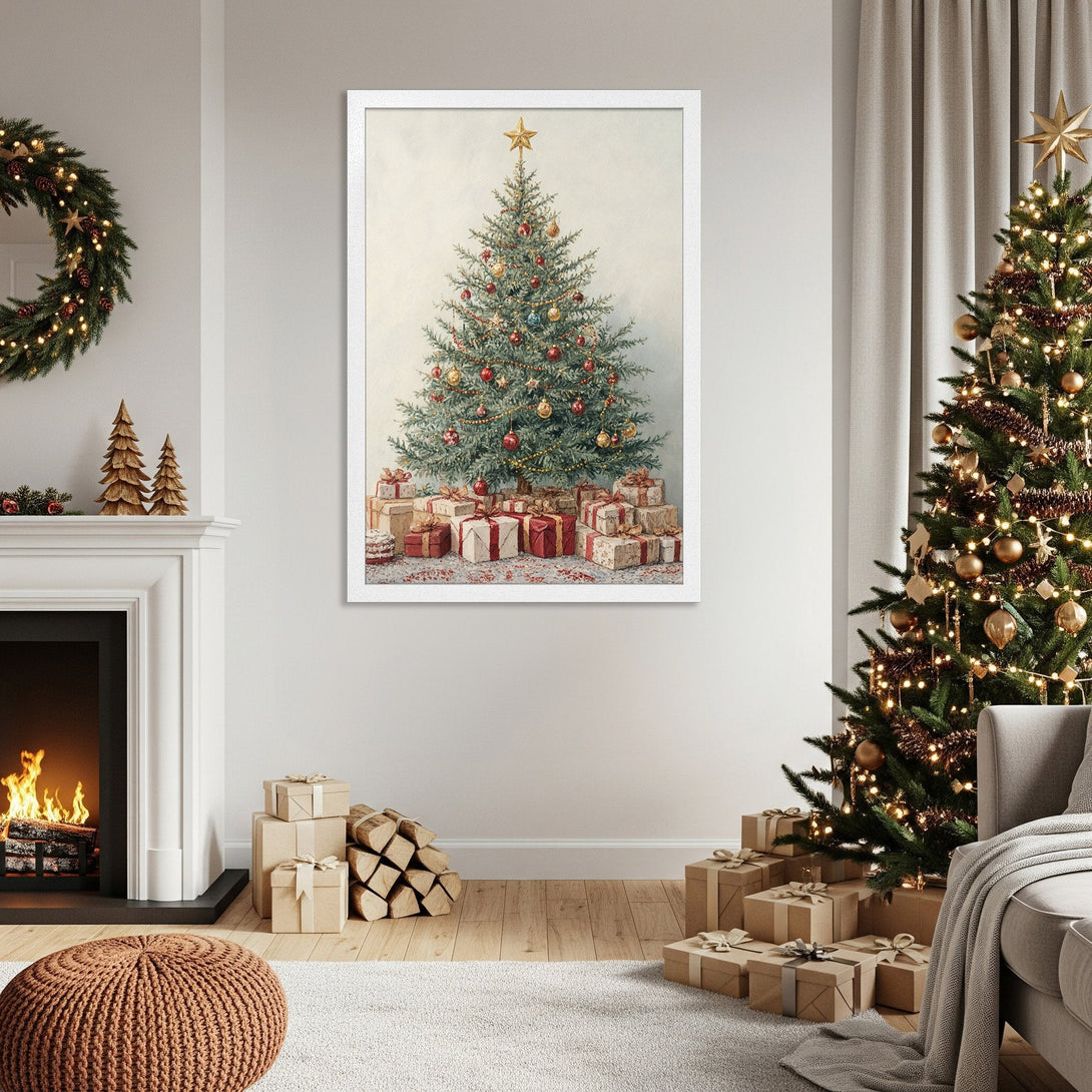 Framed Poster of a Christmas tree in a cozy, vintage style, with warm red and gold accents. Perfect holiday decor!