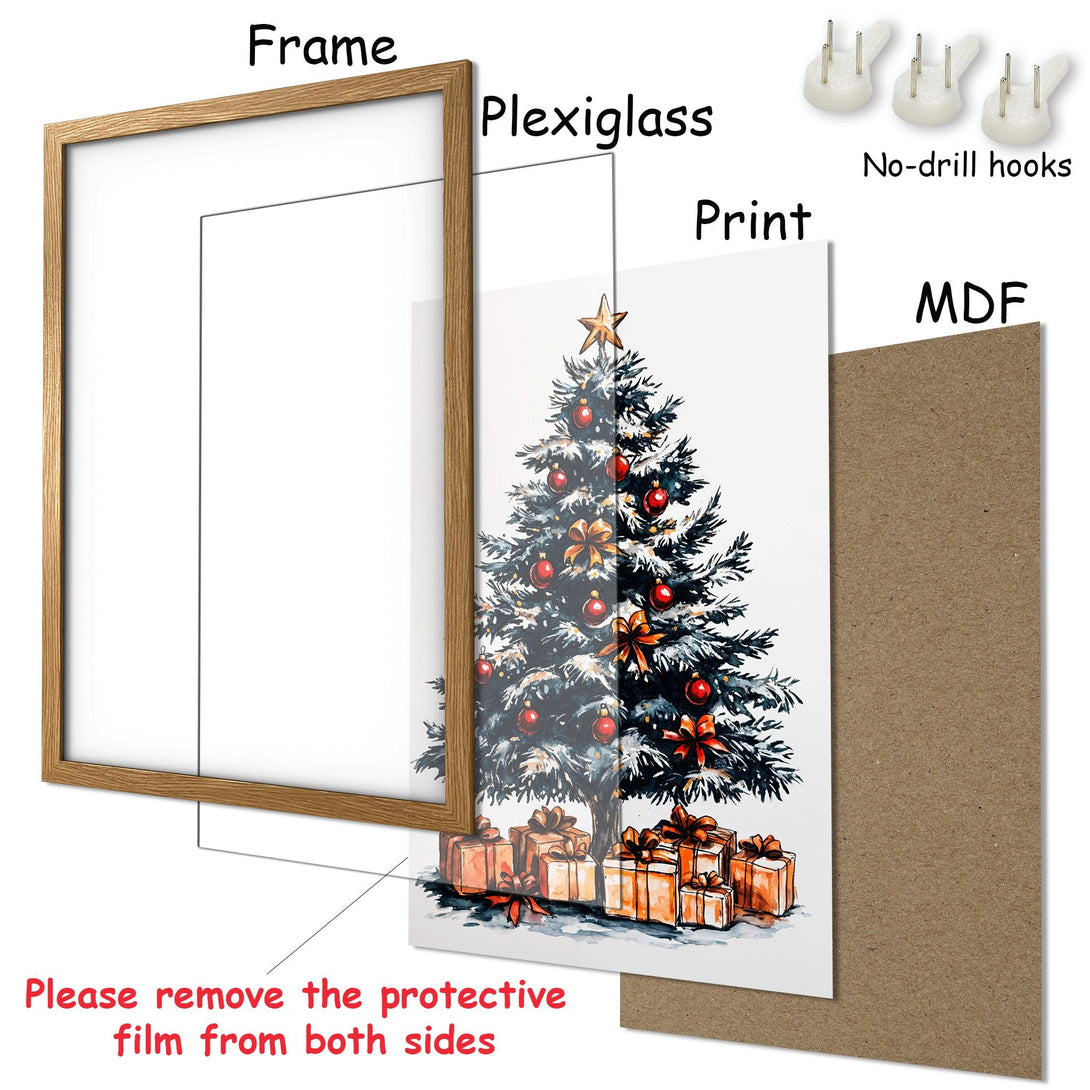 Framed Poster featuring a watercolor Christmas tree with red & gold accents. Festive art for your home!