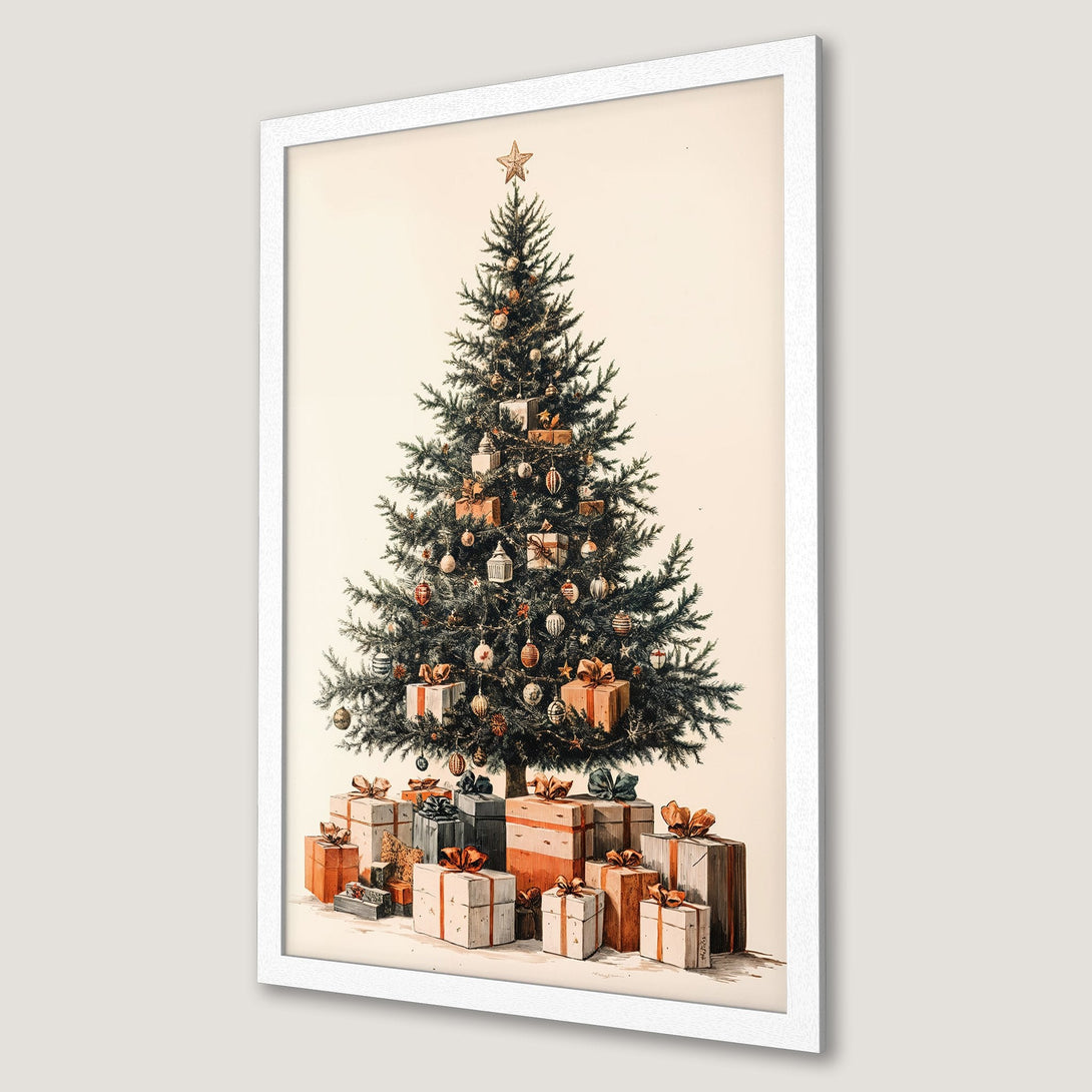 Framed Poster featuring a vintage Christmas tree illustration with gifts. Warm, neutral color palette, perfect holiday decor.