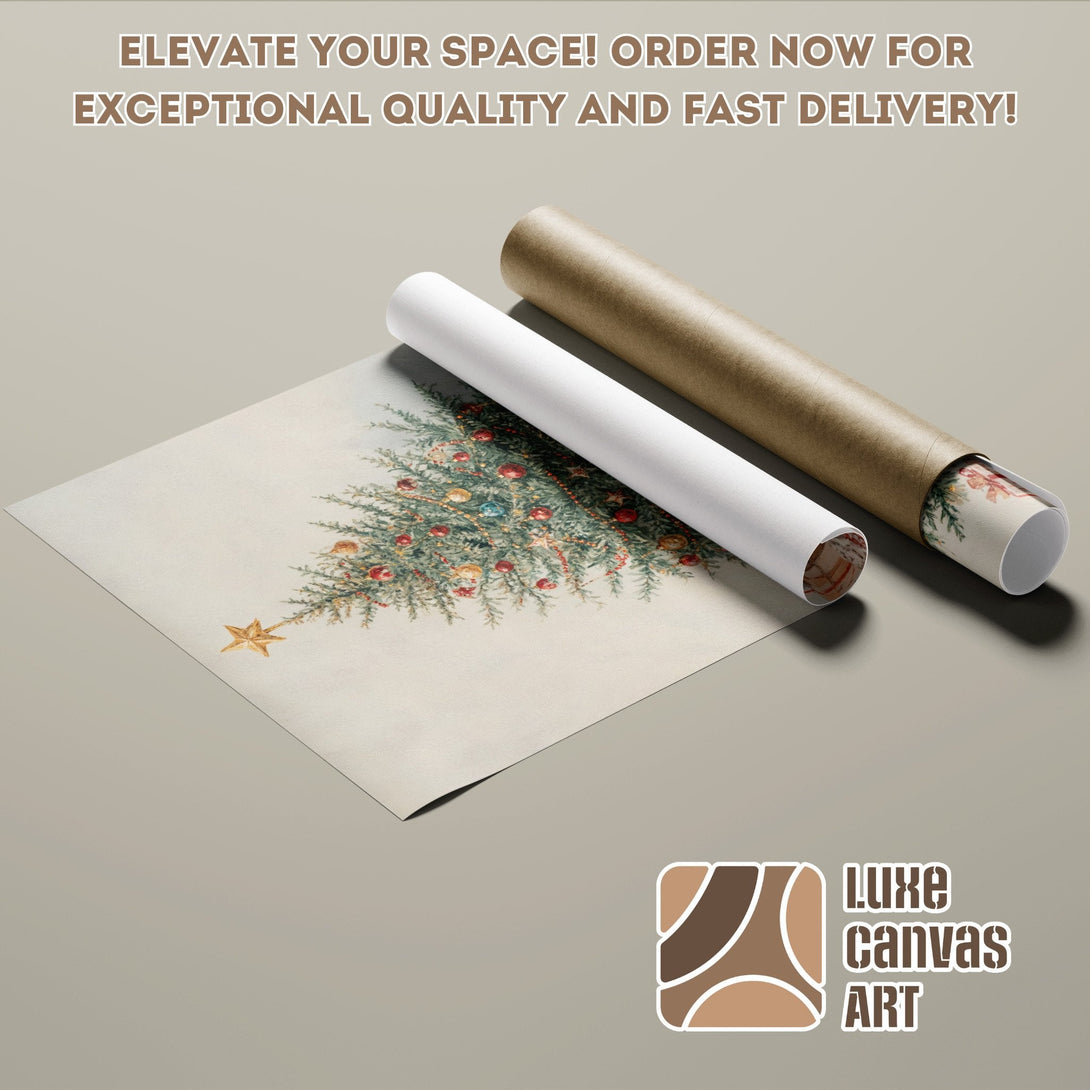 Christmas tree poster roll, vintage style, warm color palette. Perfect holiday decor!