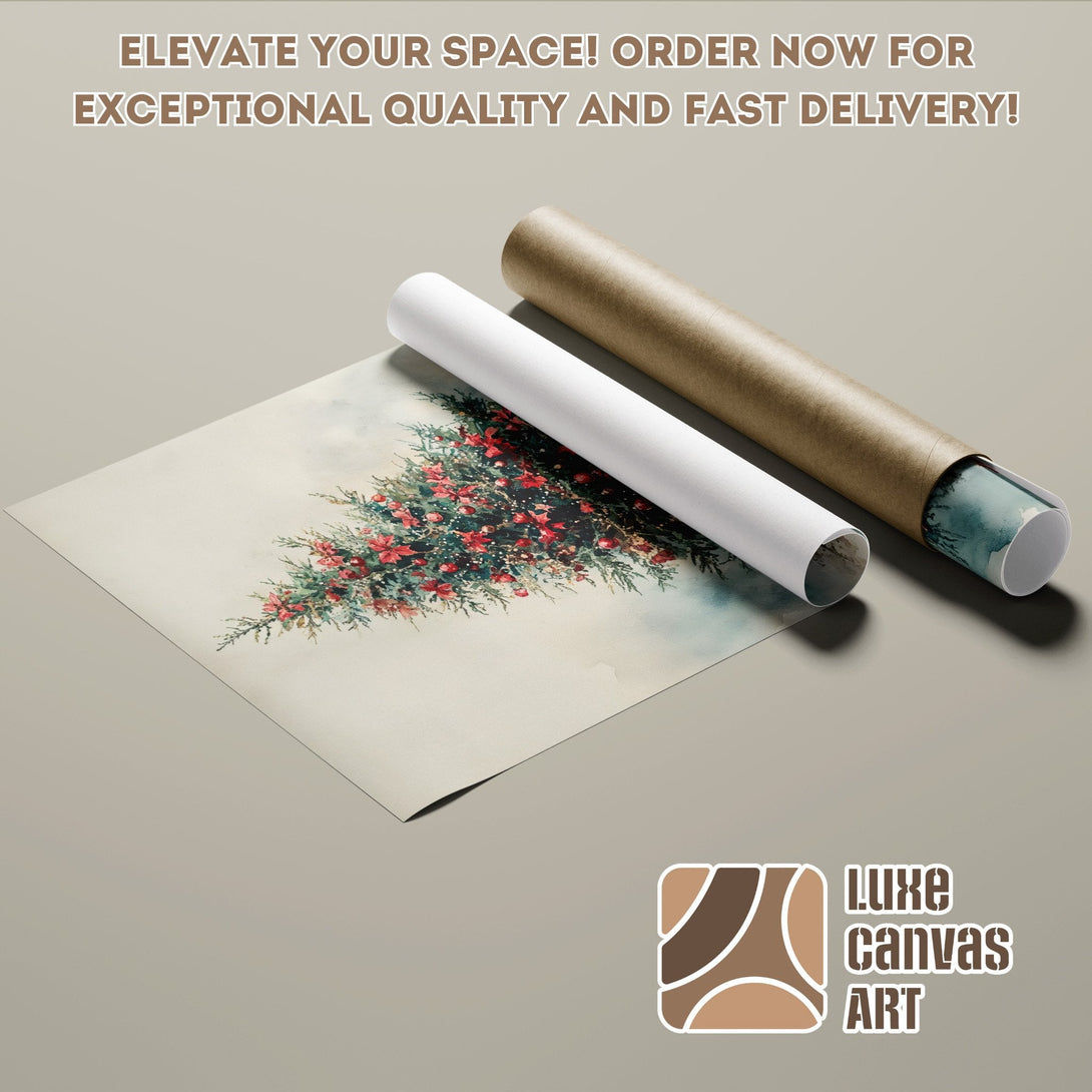 Poster Roll featuring a Christmas tree in a soft, watercolor style with a warm, neutral color palette.