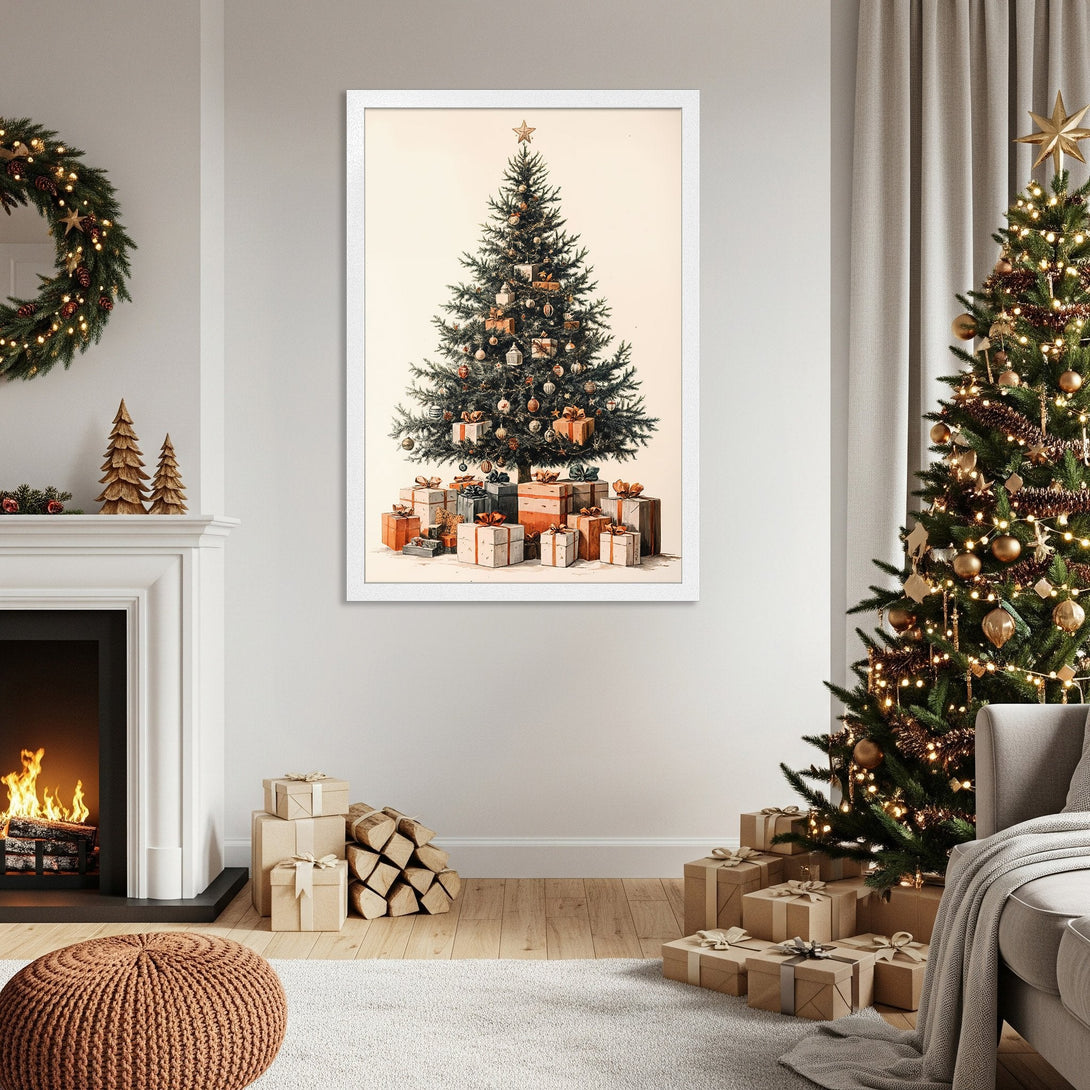 Framed Poster featuring a vintage Christmas tree illustration in green, beige, and brown tones, perfect holiday decor.