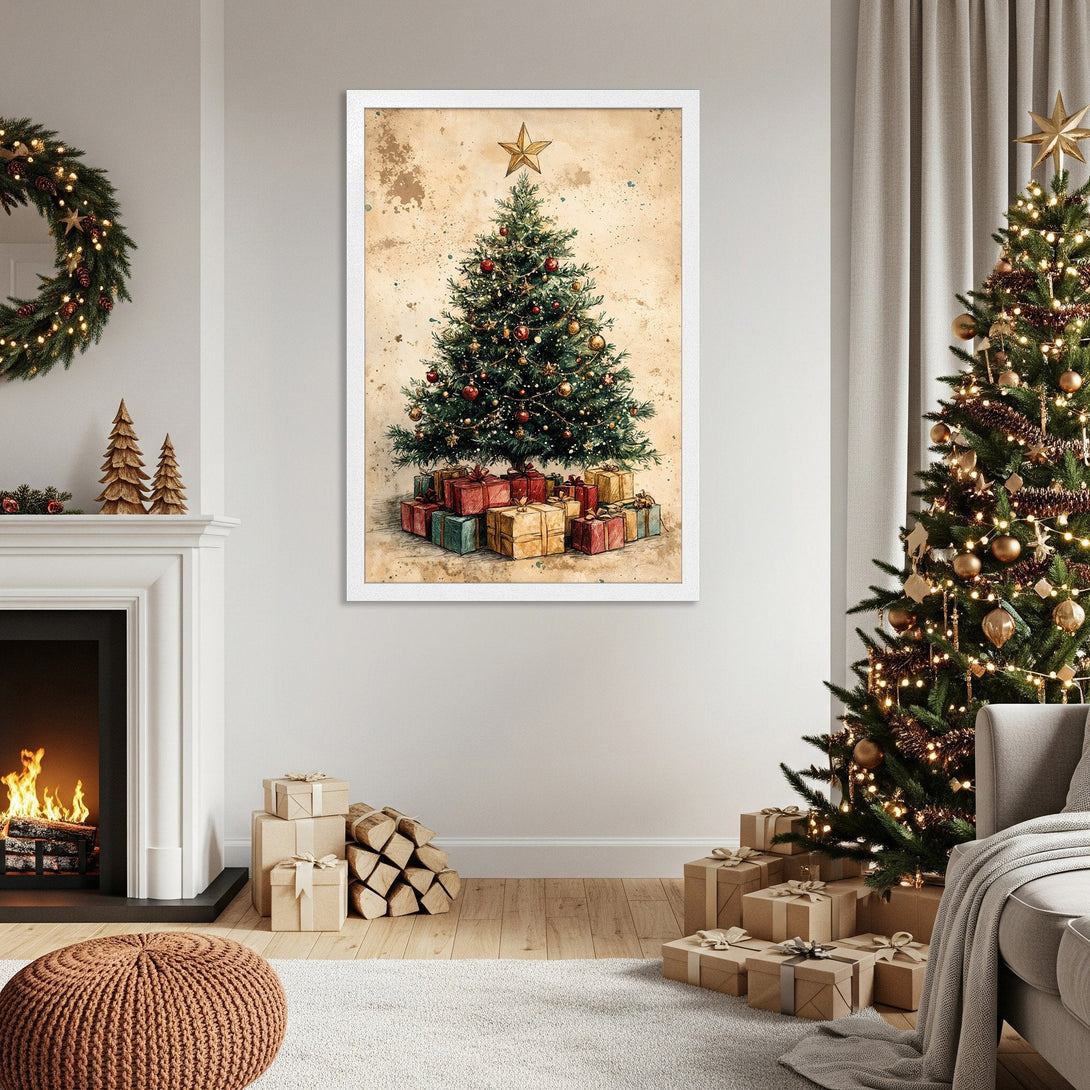Framed Poster featuring a Christmas tree illustration with a vintage style and warm color palette. Perfect holiday decor!