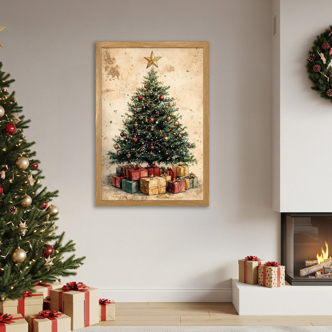 Framed Poster featuring a vintage Christmas tree illustration. Warm, neutral color palette with pops of red and green. Perfect holiday decor!