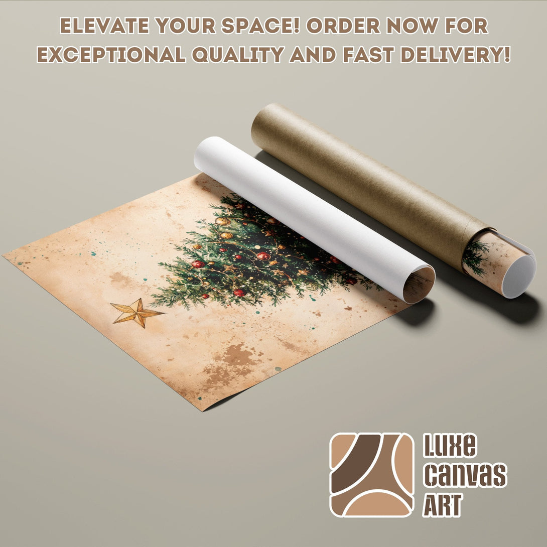 Christmas tree poster roll in vintage style, warm color palette. Order your art today!