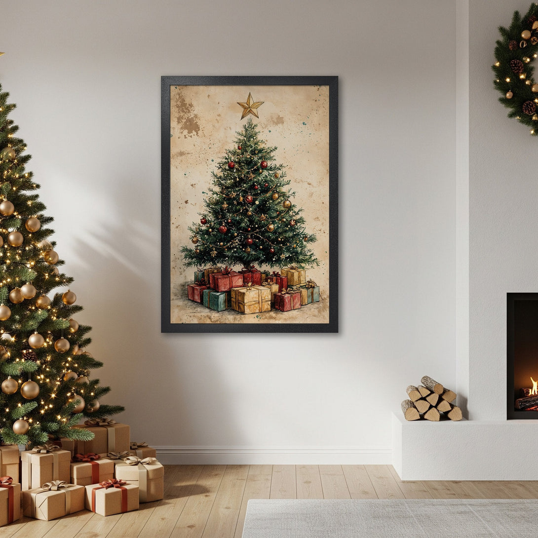Framed Poster featuring a watercolor Christmas tree, warm color palette, perfect holiday decor.