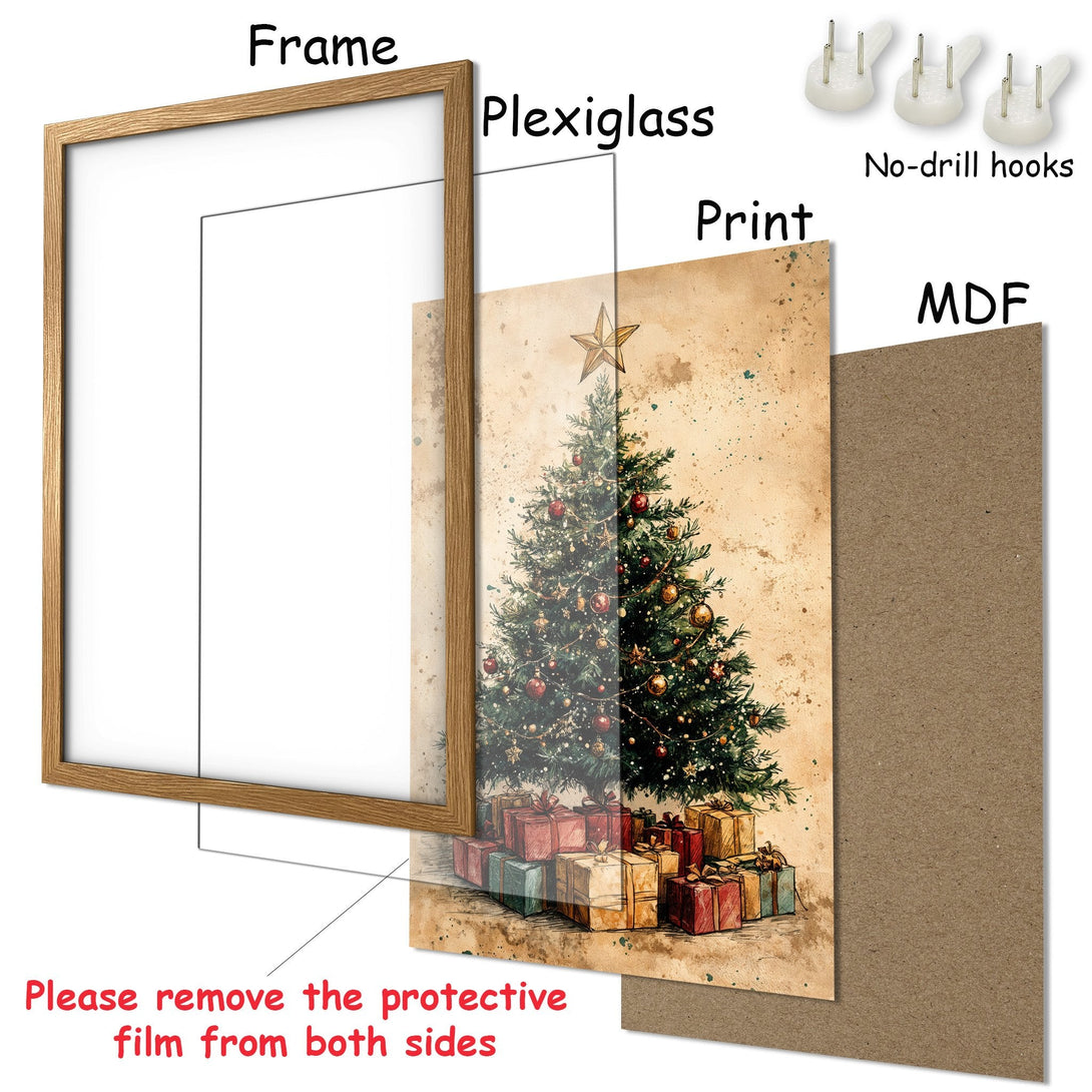 Framed Poster featuring a Christmas tree illustration in warm tones. Rustic style with a vintage color palette. Ready to hang!