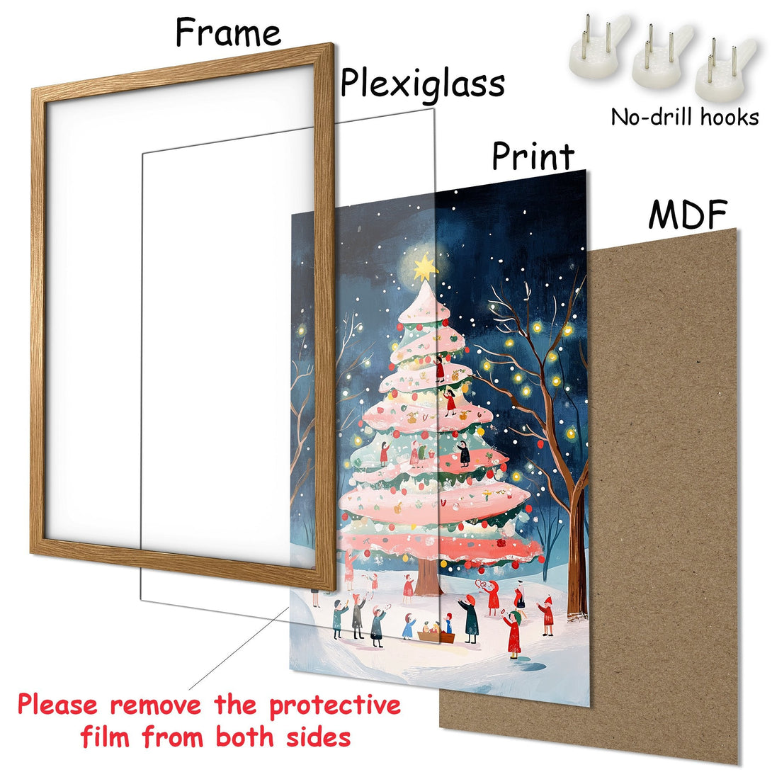 Framed Poster featuring a whimsical Christmas tree illustration in a soft, pastel color palette. Perfect holiday decor!