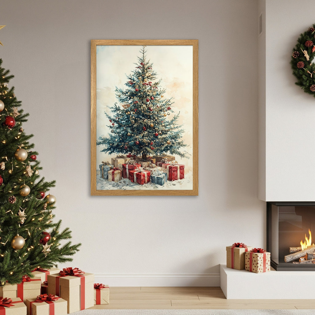 Framed Poster featuring a watercolor Christmas tree, warm colors, perfect holiday decor.
