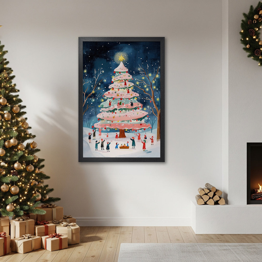 Framed Poster featuring a whimsical Christmas tree illustration in a winter scene. Soft blue, pink, and white palette. Perfect holiday decor!