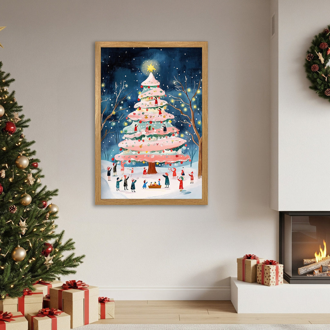Framed Poster of a whimsical Christmas tree scene. Features a charming illustration with a blue and pink color palette. Perfect holiday decor!