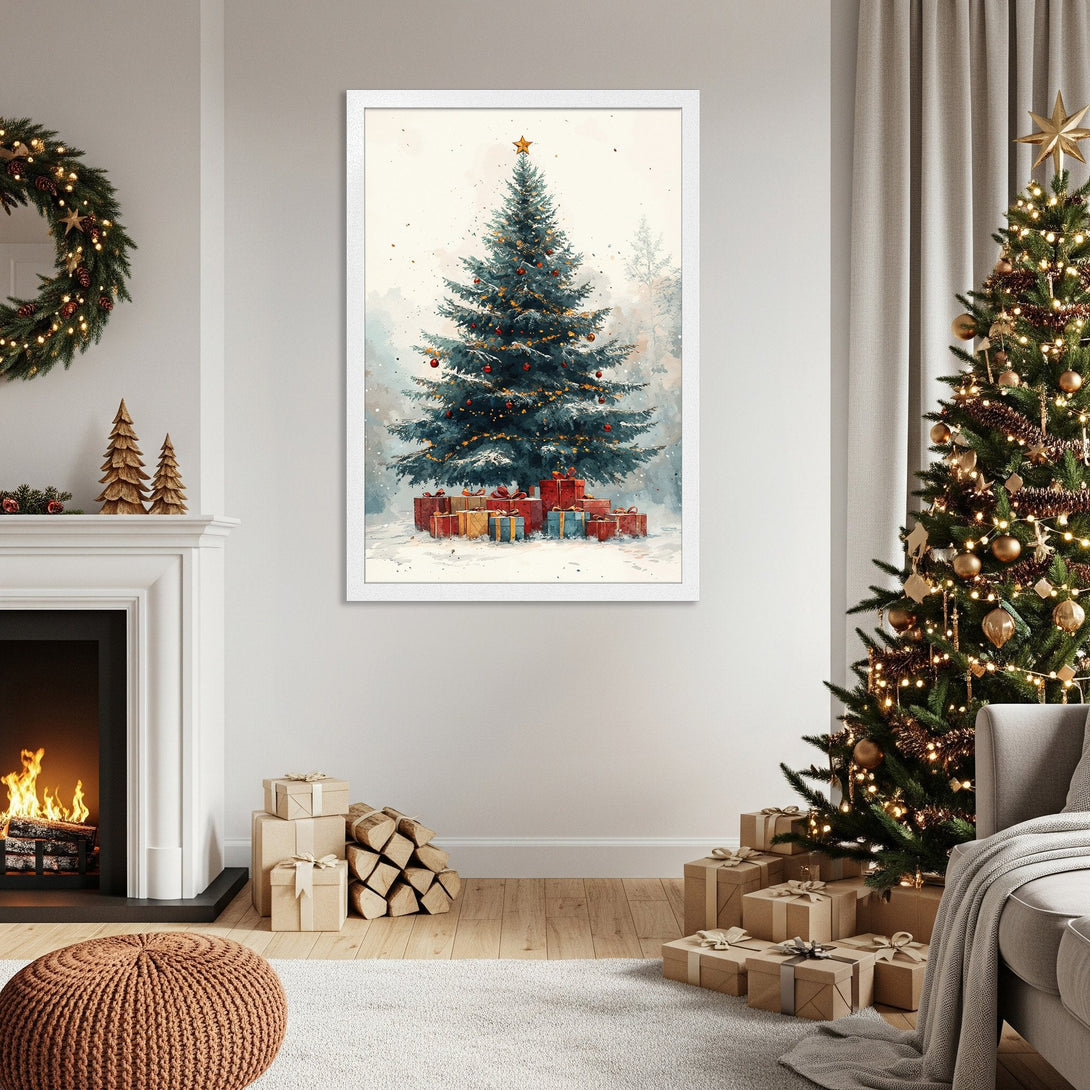 Framed Poster featuring a watercolor Christmas tree art print. Soft blue and red palette, perfect holiday decor.
