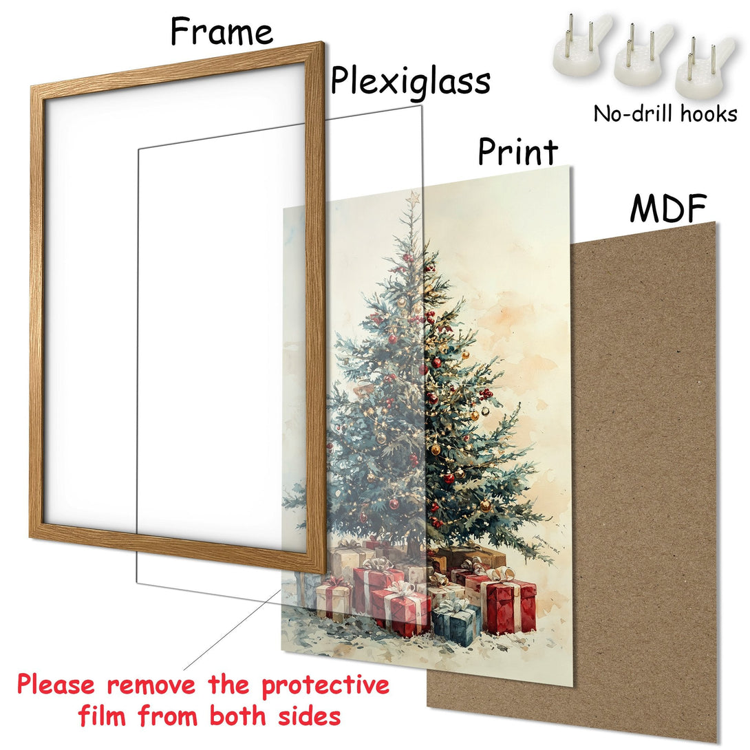 Framed Poster featuring a watercolor Christmas tree in a warm color palette. Perfect holiday decor!