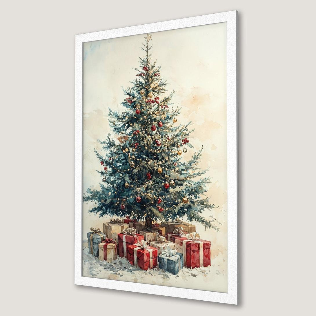 Framed Poster: Watercolor Christmas tree with gifts, warm reds, greens, and golds, perfect holiday decor.
