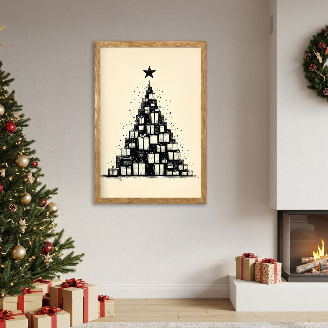 Framed Poster featuring a Christmas tree made of gifts, black and white illustration with a neutral color palette. Perfect holiday decor!