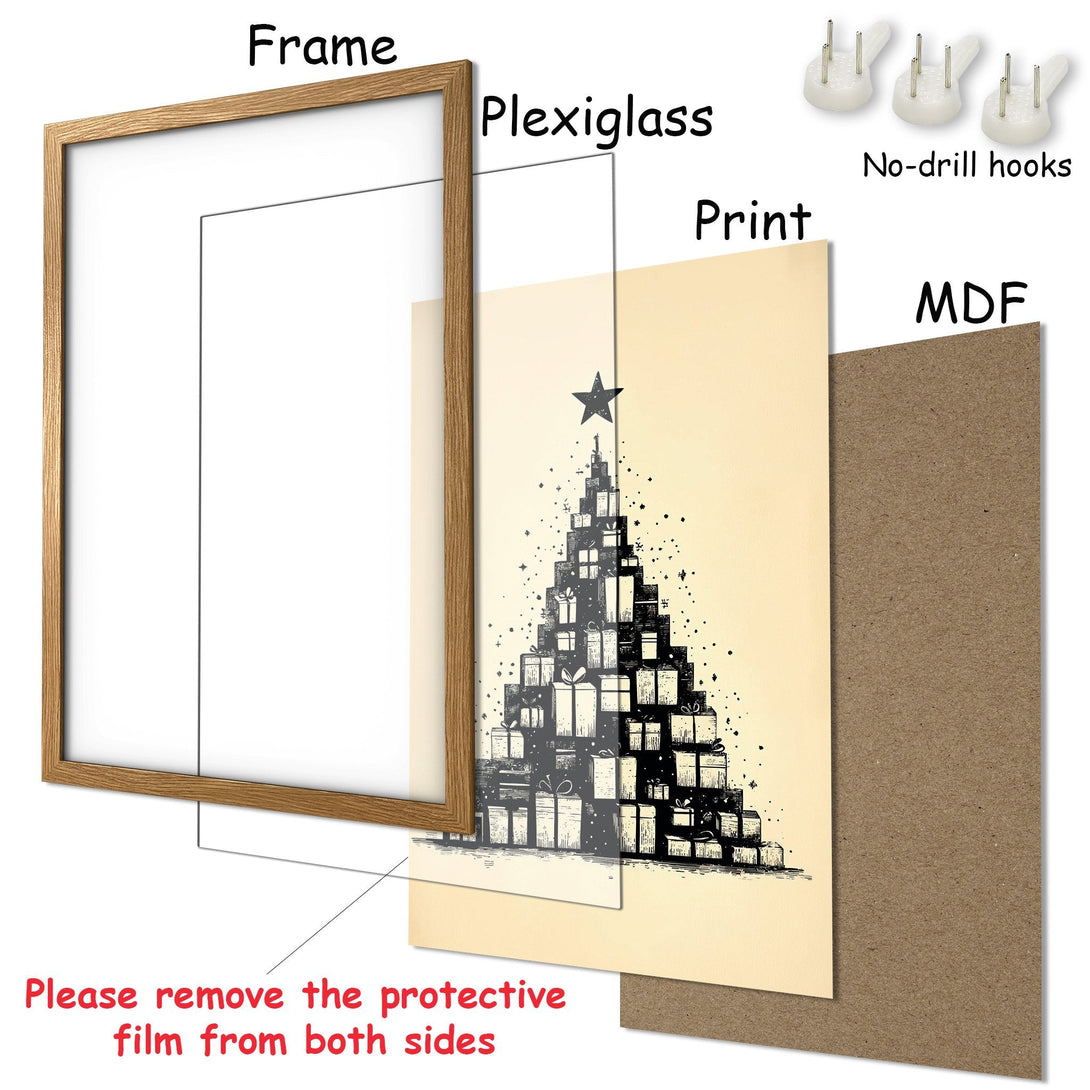 Framed Poster featuring a Christmas tree design in a black and cream color palette. Perfect holiday decor!