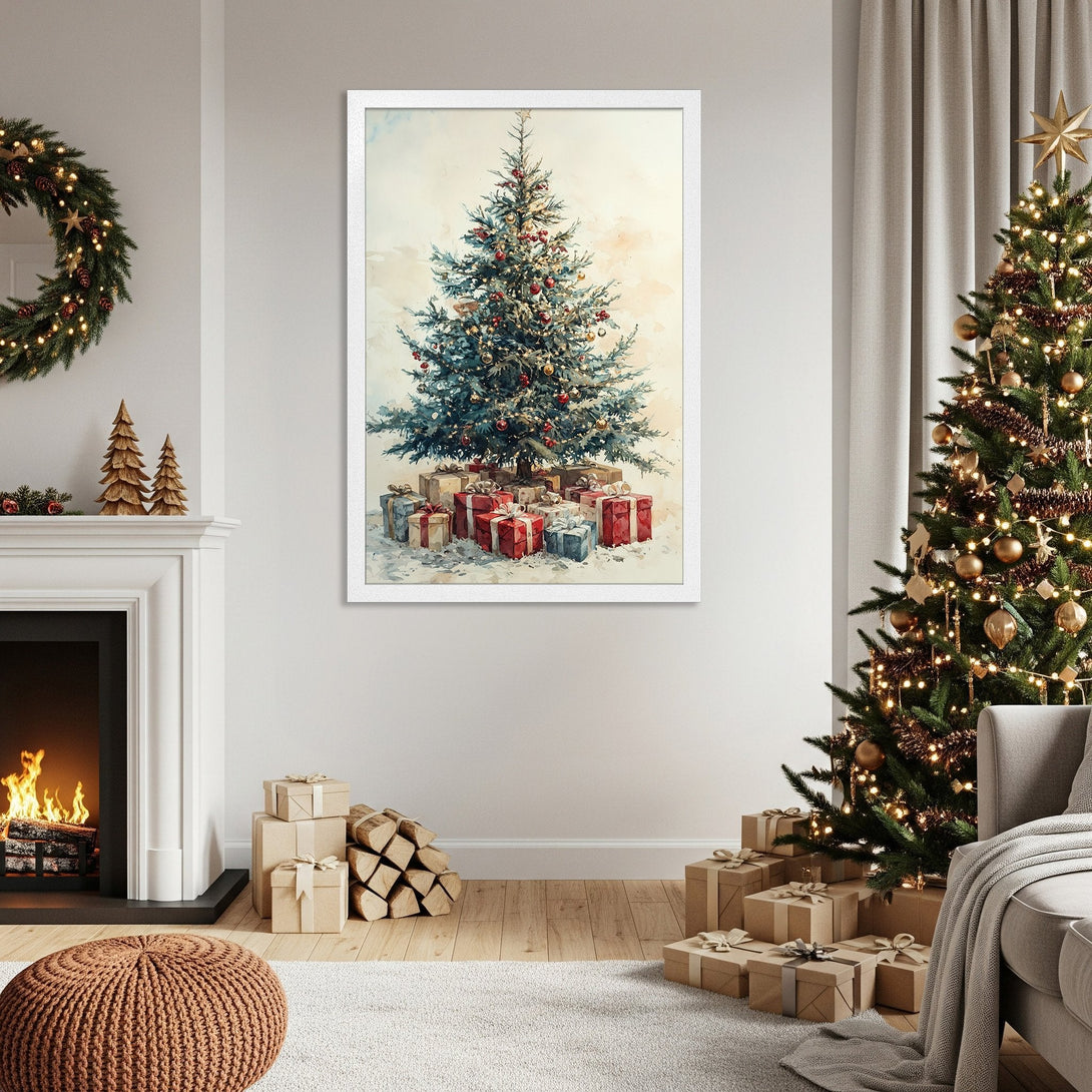 Framed Poster featuring a watercolor Christmas tree. Cozy holiday art with a warm, neutral color palette. Perfect for festive decor!