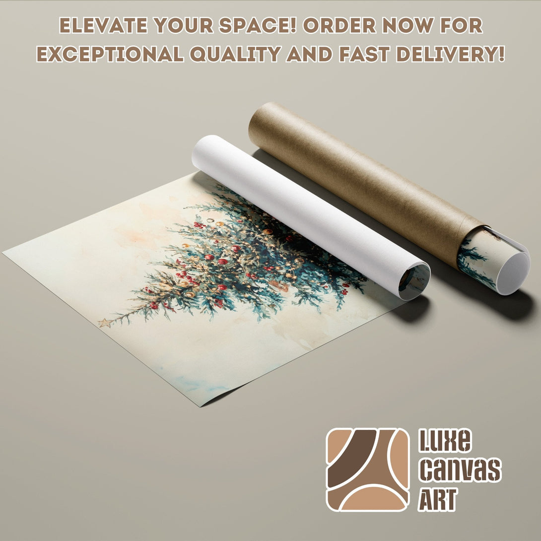Poster Roll featuring a watercolor Christmas tree, warm color palette, perfect for seasonal decor.