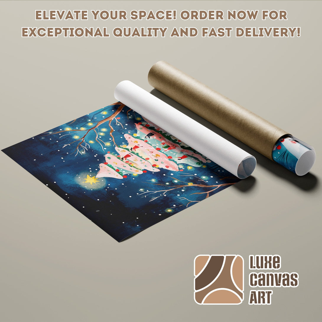 Poster Roll featuring a whimsical tree art print with a blue and pink color palette. Elevate your space!