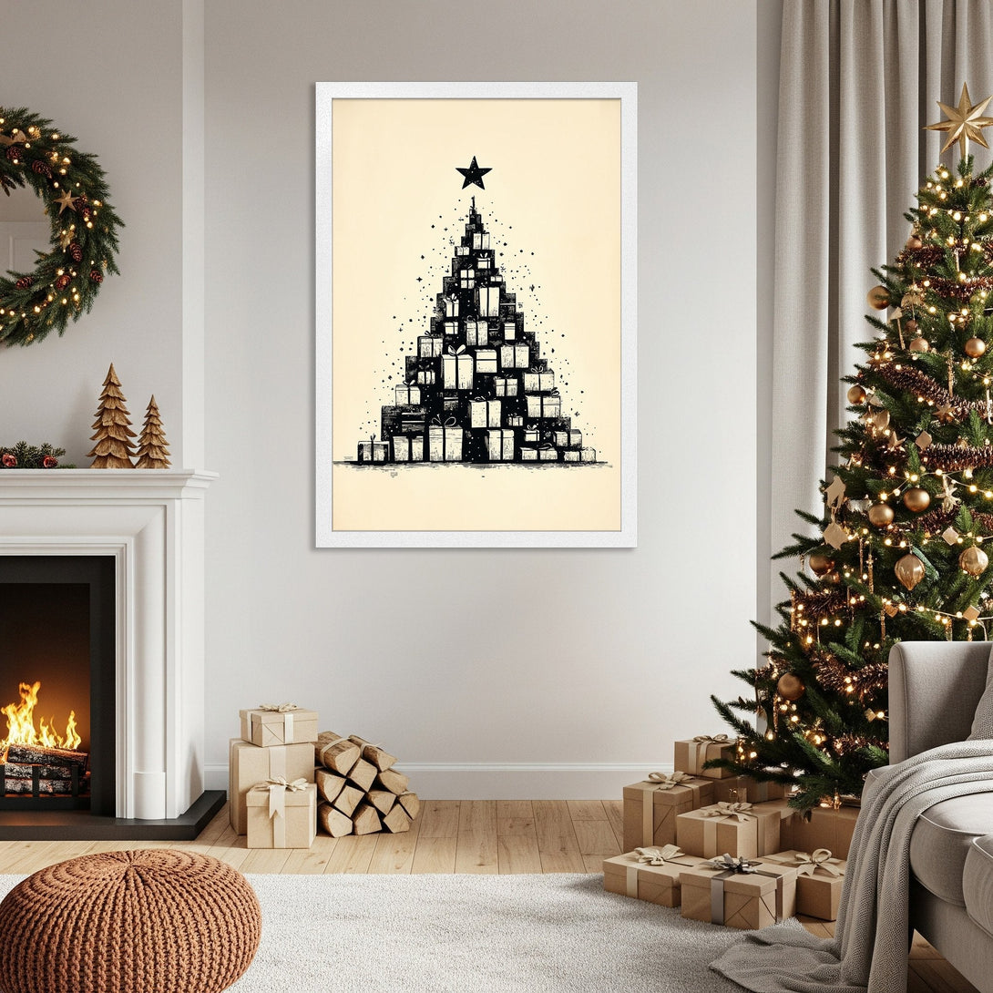 Framed Poster: Christmas tree made of gifts, black & white sketch style, neutral color palette. Perfect holiday decor!