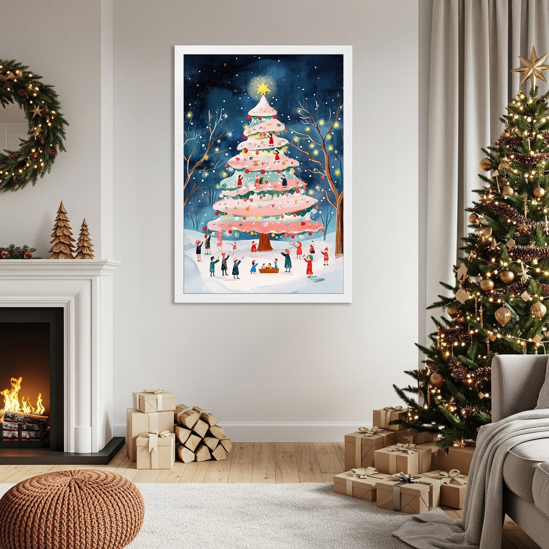 Framed Poster of a whimsical Christmas tree with people, in a cozy, painterly style. Features a blue, pink, and white color palette.
