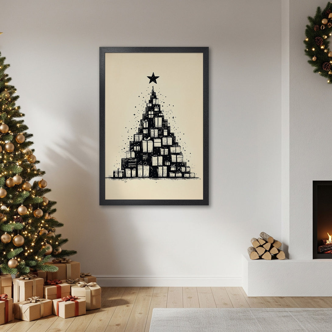 Framed Poster featuring a Christmas tree made of gifts. Minimalist style, black and beige color palette. Perfect holiday decor!
