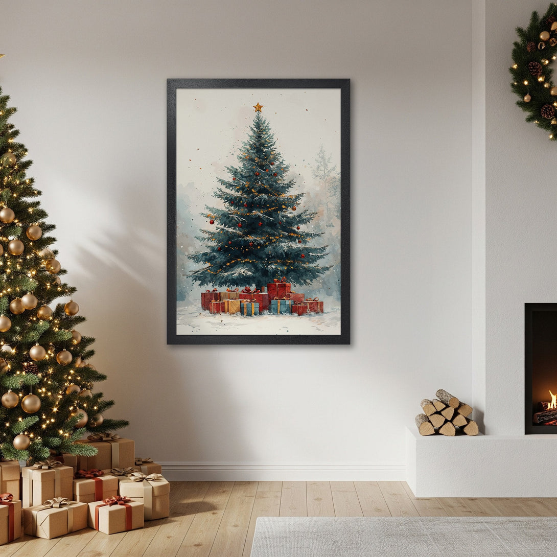 Framed Poster featuring a watercolor Christmas tree with presents, in a cozy, warm color palette. Perfect holiday decor!