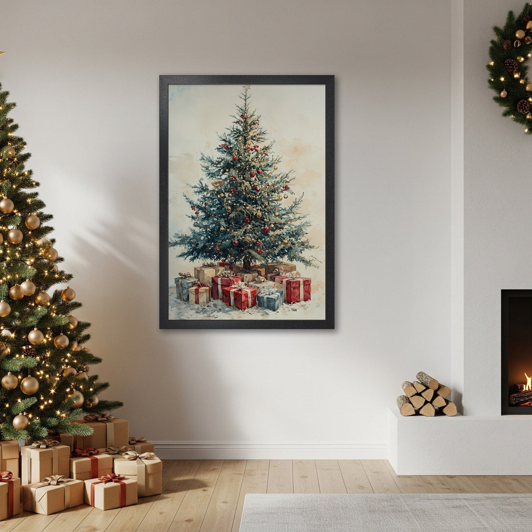 Framed Poster of a Christmas tree in a watercolor style, featuring a warm, inviting color palette. Perfect holiday decor!